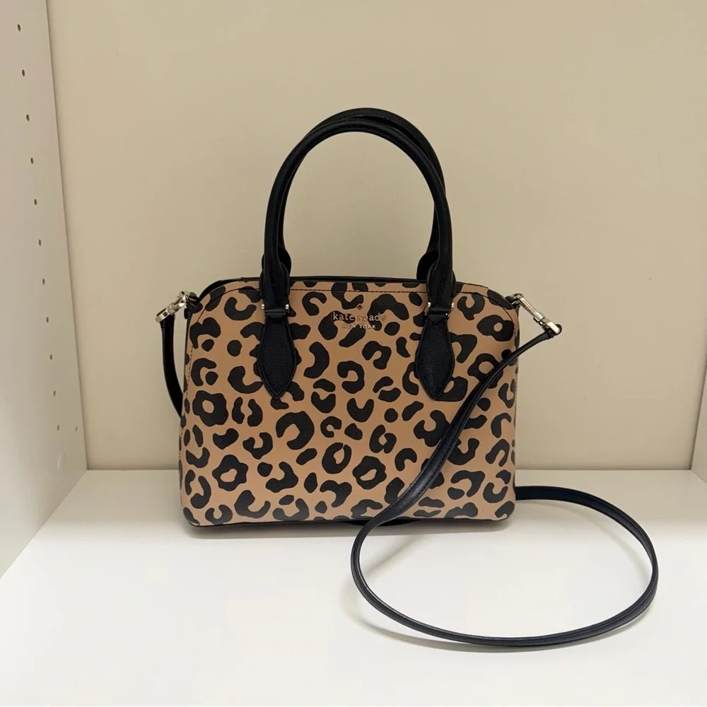 Kate Spade Darcy Graphic Leopard Small Satchel Crossbody Bag Black Trim office